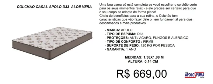 COLCHÃO CASAL D33 APOLOSPUMA - PARCELAMOS SEM JUROS