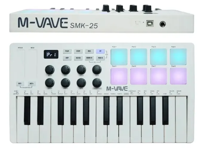 Teclado MIDI USB M-Vave SMK-25 25 Teclas Brancas Sem Fio Bluetooth
