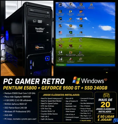 PC Gamer Retro Windows XP | Pentium E5800 + GeForce 9500 GT + SSD 240GB + Jogos
