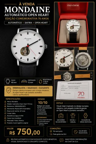 Relógio masculino Mondaine Automático Ed. Comemorativa 70 anos Open Heart