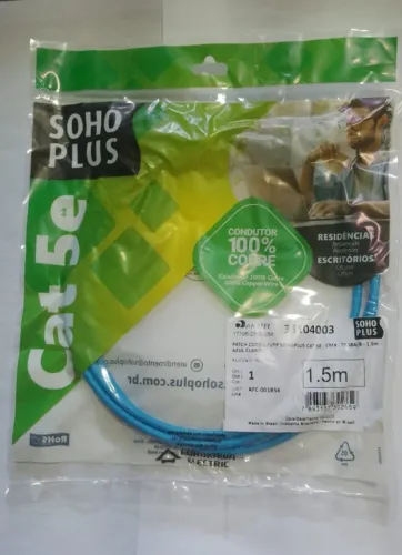 7un Patch Cord UTP SohoPlus Cat 5e 1,5m Azul - 100% Cobre - Lacrado