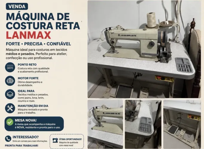 Máquina de Costura Industrial Reta Lanmax com Mesa Nova - Pronta para Trabalhar