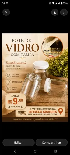 Pote de vidro 500ml com tampa R$9,00 à unidade .  A partir de 10 unidades R$7,50 à unidade