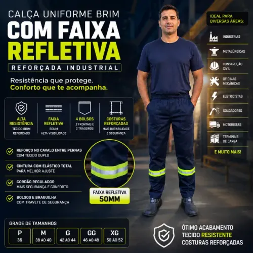 Calça Uniforme Brim Com Faixa Refletiva Reforçada Industrial
