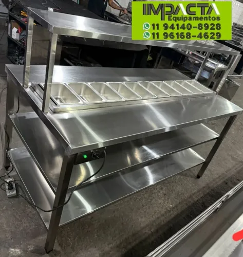 Mesa inox Com condimentador para hamburgueria pizzaria delivery 