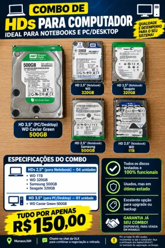 04 HDs para Notebook (SATA 2,5") + 01 HD para PC/Desktop (SATA 3,5") | R$ 150,00