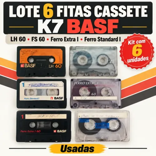 Lote com 6 Fitas Cassete K7 BASF - Ferro Extra, Ferro Standard, FS e LH - Usadas