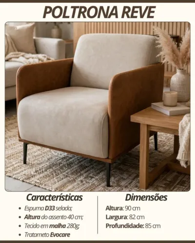 Poltrona Revê 82cm espuma d33, tecido linho