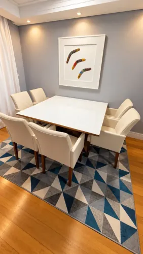 Mesa de jantar quadrada 1,40 × 1,40 em madeira e vidro + 6 cadeiras