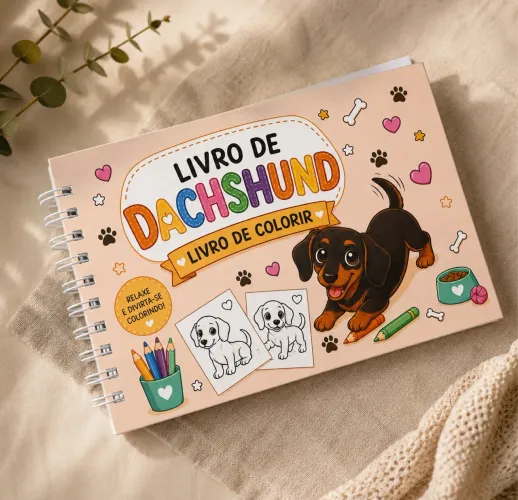 Livro de Colorir Capa Dura Salsicha Dachshund Cachorro Pet Fofo Coleção Cuca Paws 