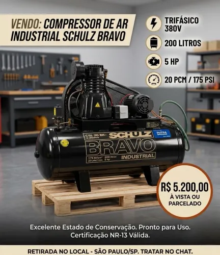 Compressor de Ar Industrial Schulz Bravo 200 Litros 5HP - Trifásico 380V