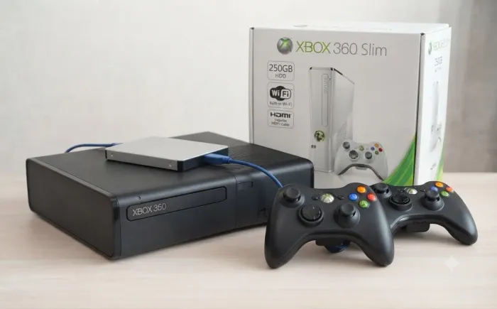 Xbox 360 Slim RGH Desbloqueado + HD Externo + 2 Controles (Completo/Caixa Original)