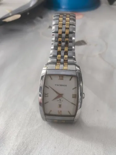 Relógio Technos Masculino Analógico Correia Prata/Dourado Bisel Prata Fundo Branco