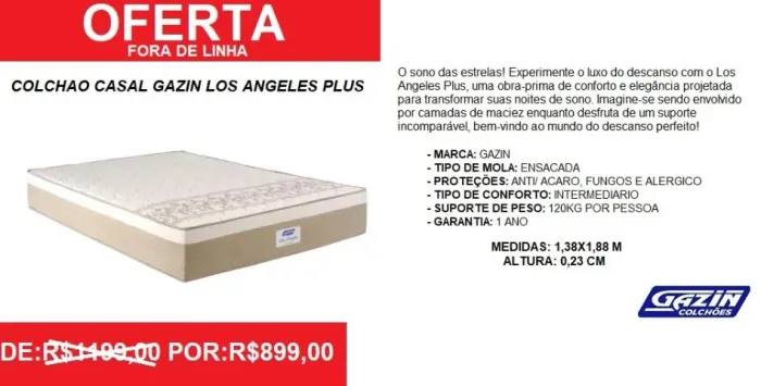 Colchão casal molas gazin los angeles plus - promoção