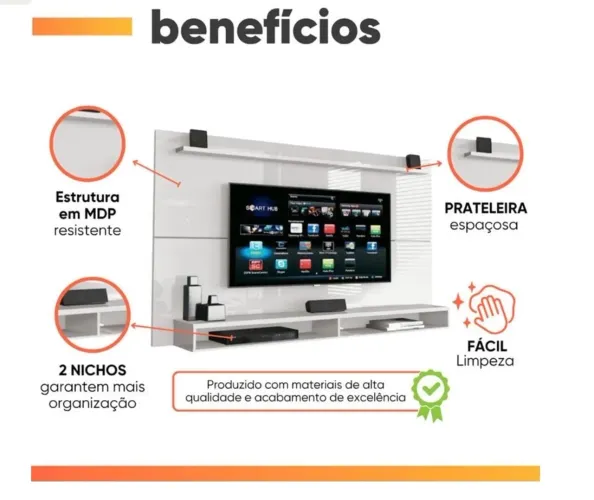 Painel para tv até 65 polegadas com prateleira