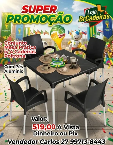 Jogo Mesa Plástico Com Cadeira Poltrona com Pés Alumínio