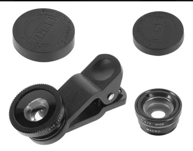 Kit 3 itens de lentes para celular + clip de fixação.