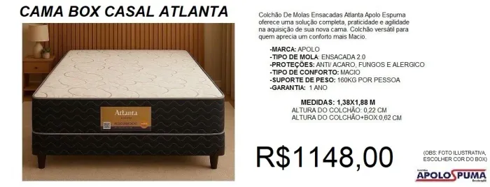 Cama box casal com colchão molas apolo atlanta - à pronta entrega