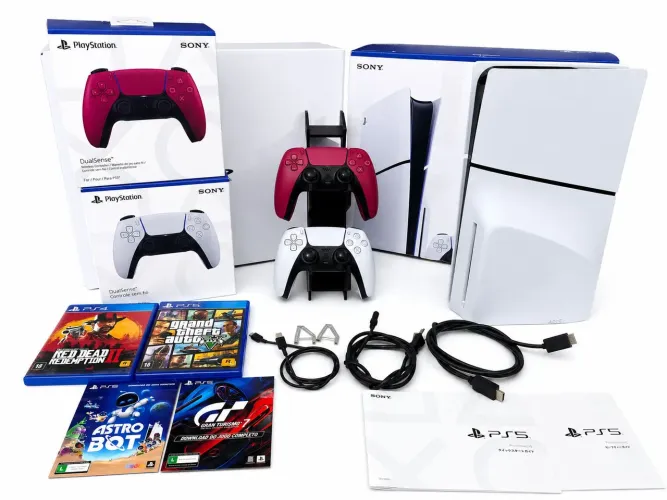 PS5 SLIM 1 TERA MÍDIA FÍSICA + 2 CONTROLES + 30 JOGOS + CABOS/SUPORTES IMPECÁVEL 