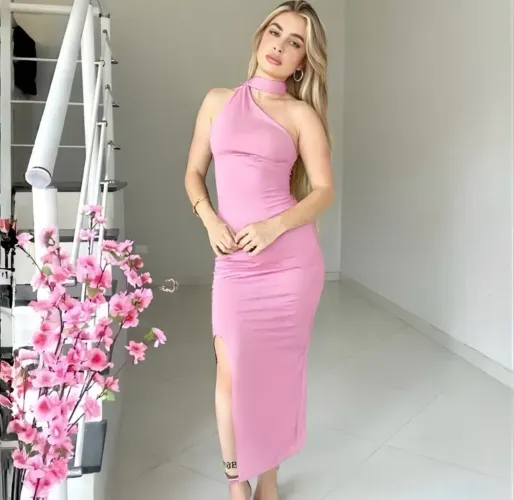 Vestido Feminino Longo Um Ombro Só Fenda Lateral Gola Alta Suplex Premium
