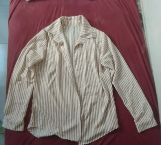 Camisa Formal de Botão Bege Listrada Unissex