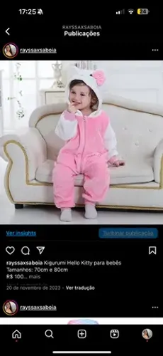 Kigurumi Hello Kitty para bebês Tamanhos: 70cm e 80cm R$ 100