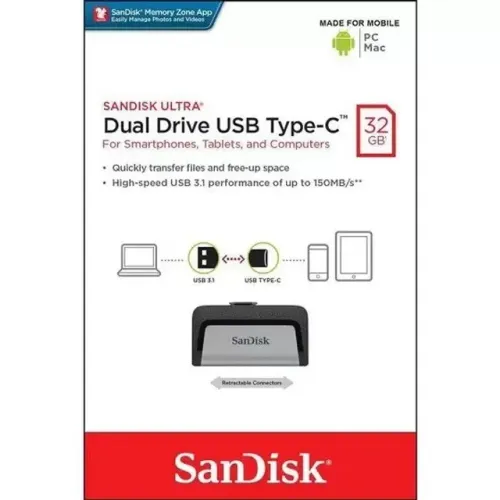 Pendrive SanDisk Ultra Dual Drive Type-C 32GB 3.1 Gen 1 preto e prateado