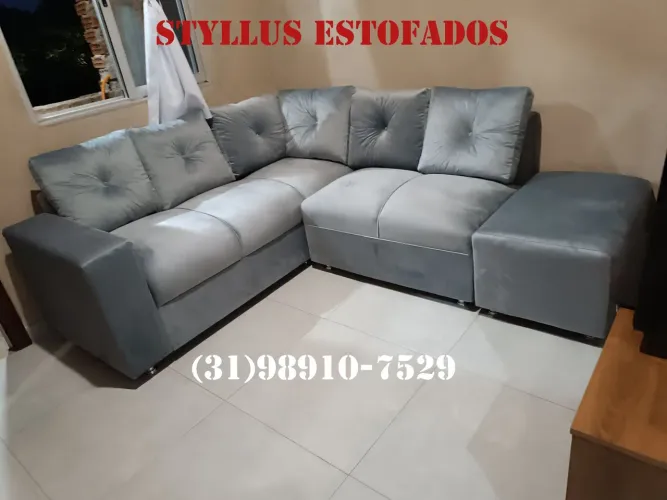 Sofá de Canto em Suede Cinza - Novo