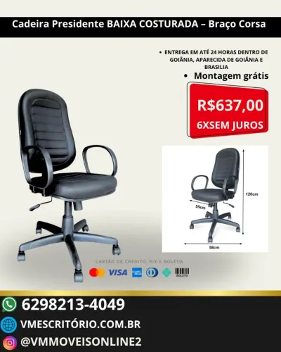 Cadeira Presidente Baixa Costurada - Braço Corsa