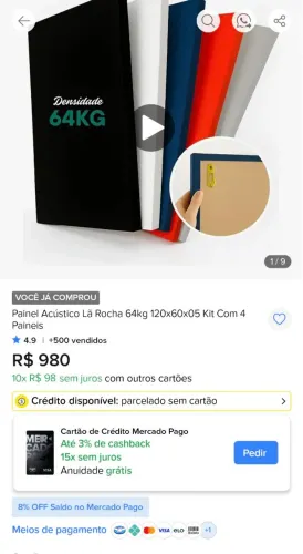 4 Placas Acústicas Lã de Rocha 64 kg/m3