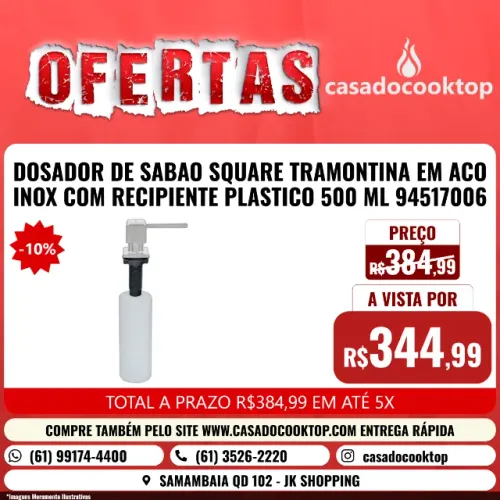DOSADOR DE SABAO SQUARE TRAMONTINA EM ACO INOX COM RECIPIENTE PLASTICO 500 ML *