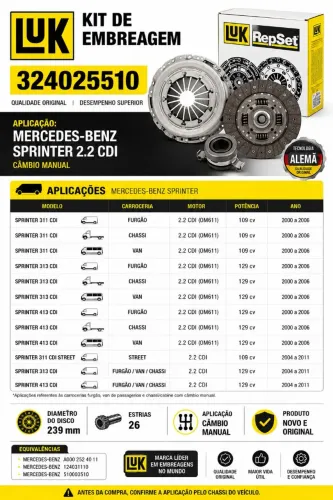 Kit Embreagem Sprinter 2.2 311 313 413 Cdi 2001 A 2012 ORIGINAL LUK - NOVO