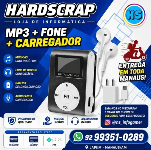 MP3 + FONE + CARREGADOR + CARTAO DE MEMORIA