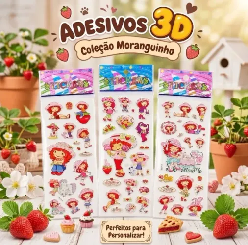 02 Cartelas De Adesivos Moranguinho 3d Bolha Alto Relevo