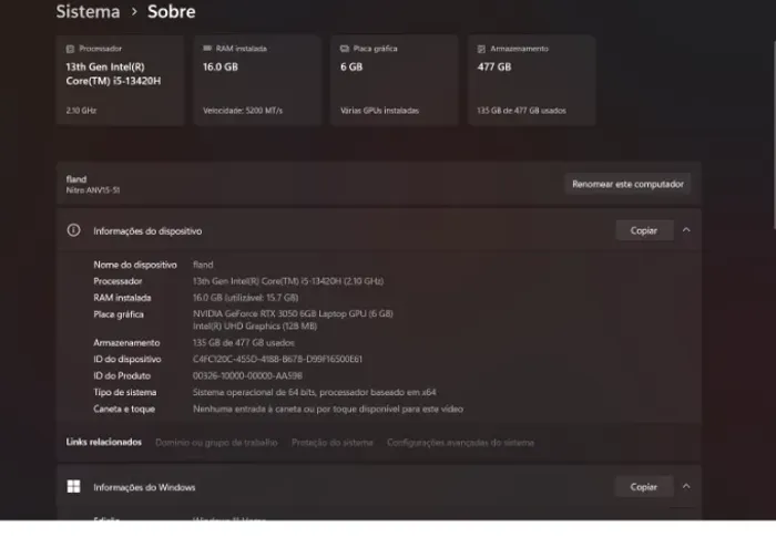 Notebook Acer Nitro V15 - 16gb RAM DDR5 - RTX 3050 6GB