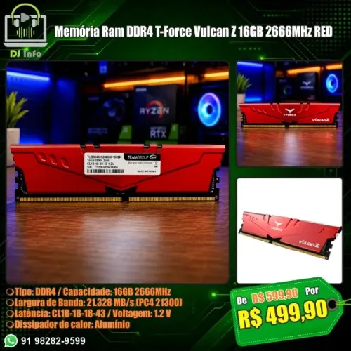 Memória Ram DDR4 T-Force Vulcan Z 16GB 2666MHz RED
