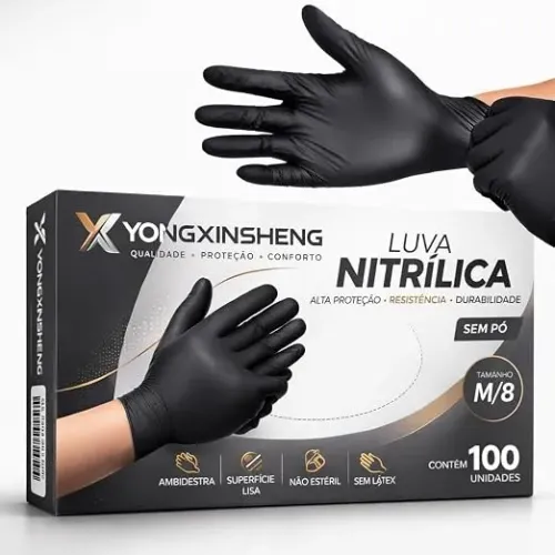 Luva Nitrílica Preta Premium - Sem Pó e Antiderrapante (100 Unidades)