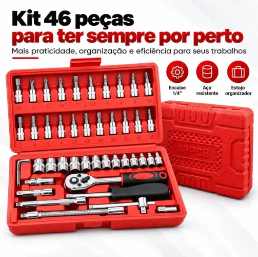 Kit Chaves Jogo Catraca Reversível Soquetes 46 PÇ + Maleta