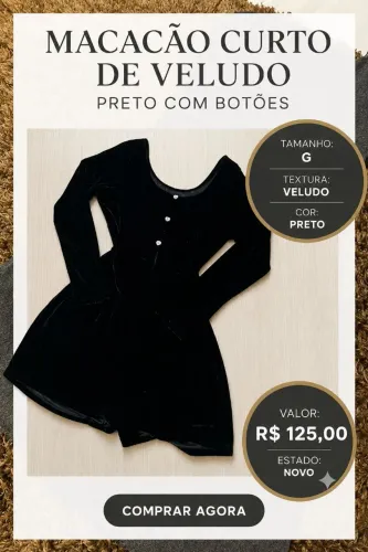 Macacão curto preto de veludo