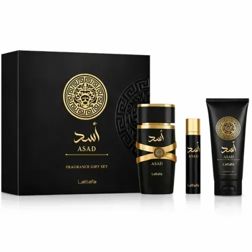 Kit Perfume Masculino Lattafa Asad Gift Set EDP 100ml + Perfume 12ml + Gel de Banho 100ml