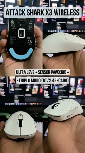 Mouse Gamer Sem Fio Attack Shark X3 - Sensor PixArt PAW3395 (Ultraleve ~49g)