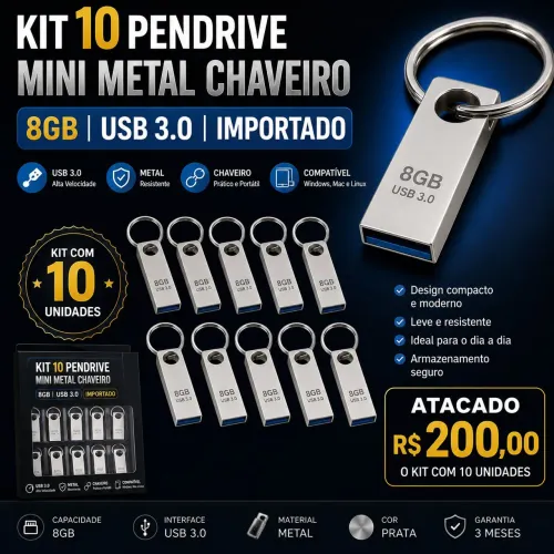 Pendrive atacado mini metal chaveiro prata 8gb 3.0 atacado kit 10x