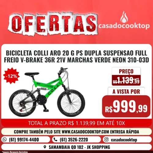 BICICLETA COLLI ARO 20 GPS DUPLA SUSPENSAO FULL FREIO V-BRAKE 36R 21V MARCHAS VERDE NEON 3