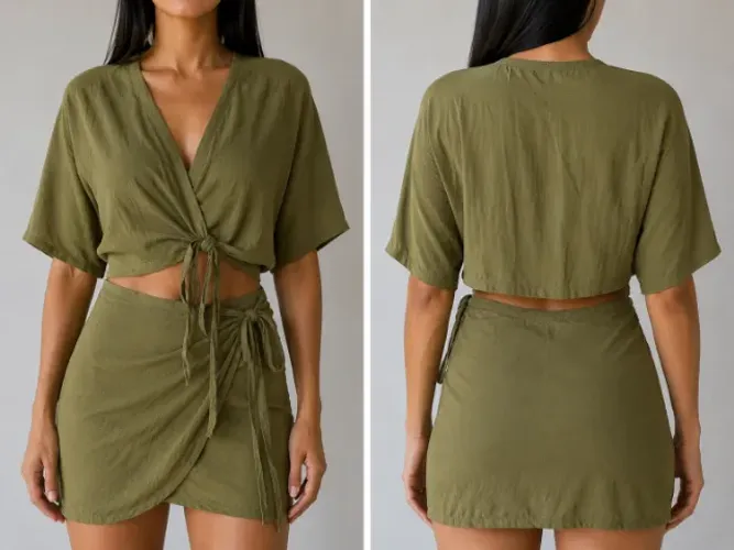 Conjunto Feminino Panô Verde Oliva - Cropped + Saia Transpassada