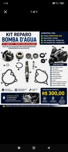 KIT REPARO BOMBA D?ÁGUA Kymco|Sym|Joymax|Cruisym<br>SYM / KYMCO / GTS / JOYMAX / CRUISYM