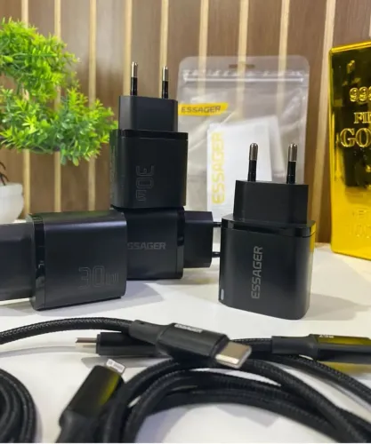 Kit Carregador Turbo Essager PD 30W USB-C Com Cabo Type-C Ou iPhone