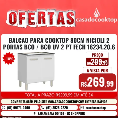 Balcao Para Cooktop 80cm Nicioli 2 Portas - Bco/bco Uv 2 Pt Fech 16234.20.6