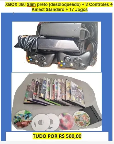XBOX 360 SLIM DESBOLQUEADO +2 CONTROLES + KINECT STANDARD + 17 JOGOS