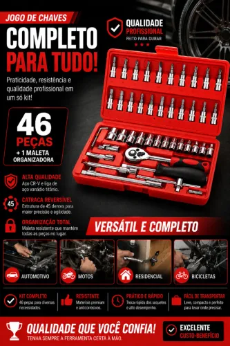 Kit Soquetes Catraca Reversível - 46 Peças C/ Maleta