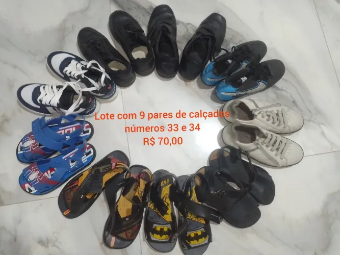 Lote com 9 pares de calçados números 33 e 34<br>R$ 70,00